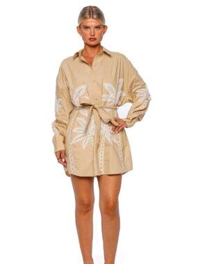 Ari Embroidered Belted Dress in Beige